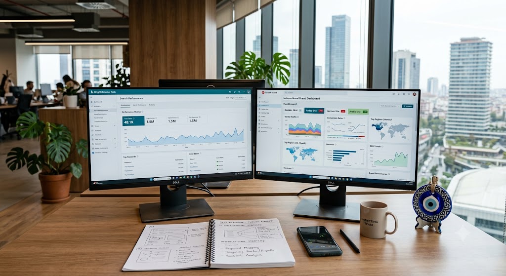 Digital marketing workspace showing Bing SEO strategy and website analytics for a Turkish brand expanding beyond Google search.