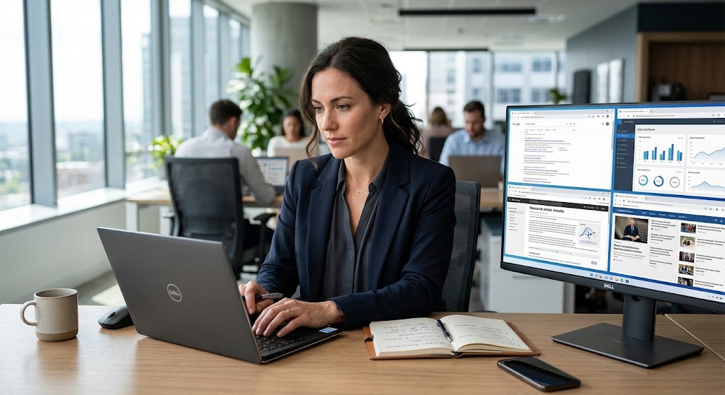 Business professional researching online through multiple search platforms supported by Bing’s search ecosystem.