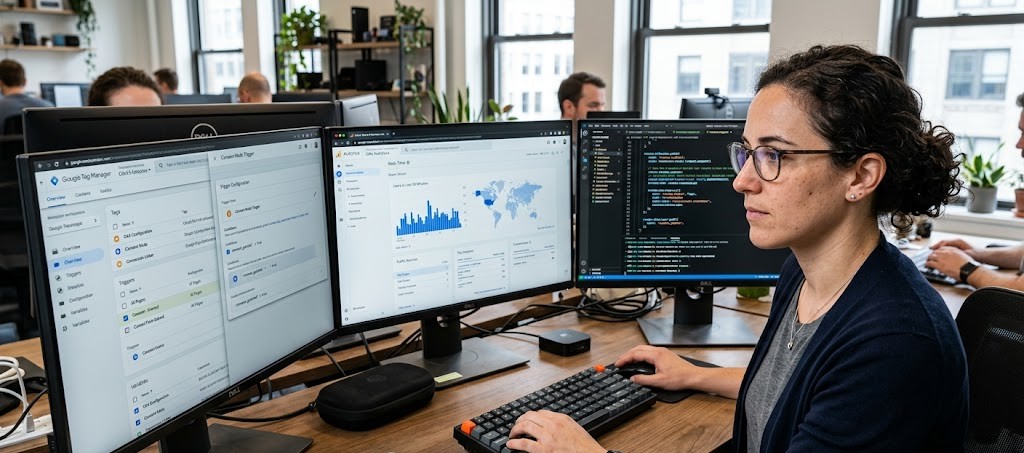 Developer configuring consent settings and analytics tracking for Google Tag Manager and GA4.