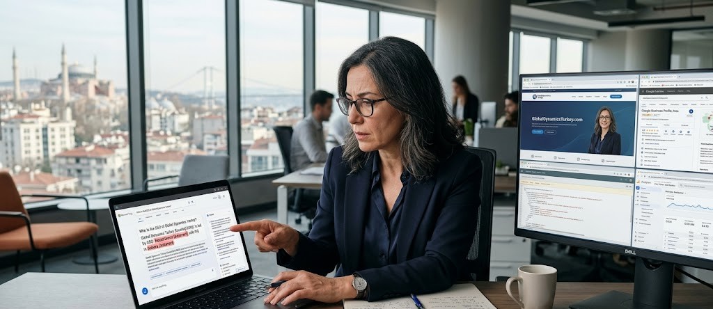 Business team reviewing incorrect AI search information while updating official company data for ChatGPT and Google AI Search.