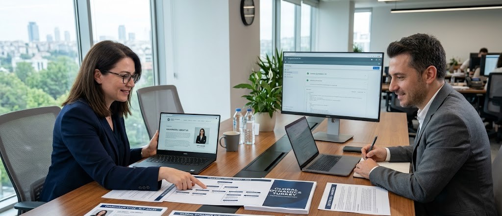 Marketing team aligning multilingual company information and structured data for consistent AI search visibility.